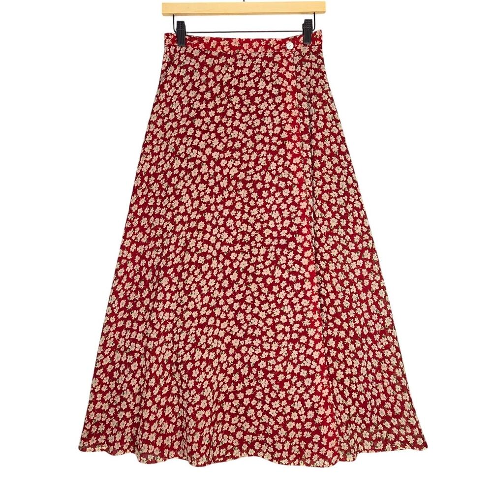 BREECHES WOMEN'S 80'S VINTAGE RED FLORAL A‑LINE MIDI SKIRT – SIZE 8 – BOHO